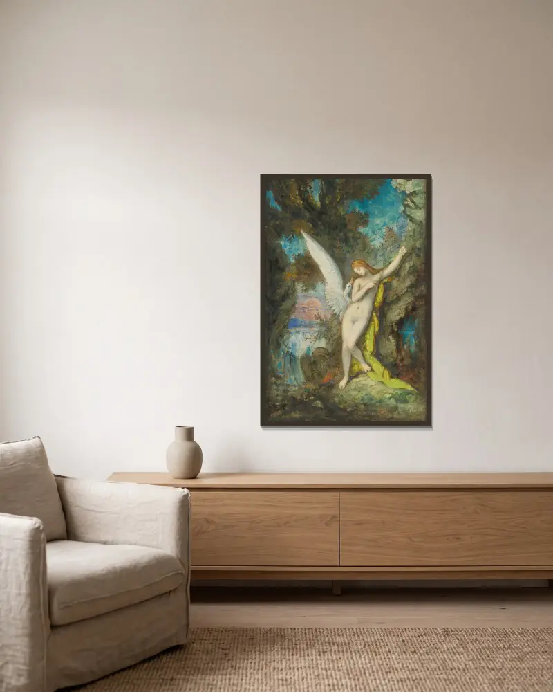 Leda Et Le Cygne av Gustave Moreau inramad på en vägg