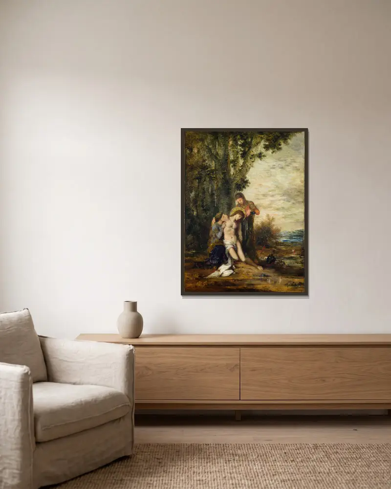 Den martyrade helige Sebastian av Gustave Moreau inramad på en vägg
