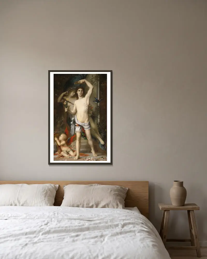 Der junge Mann und der Tod von Gustave Moreau gerahmt an einer Wand