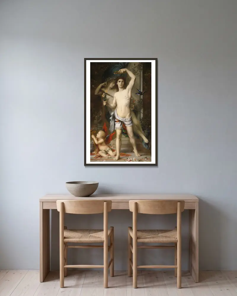 Der junge Mann und der Tod von Gustave Moreau gerahmt an einer Wand