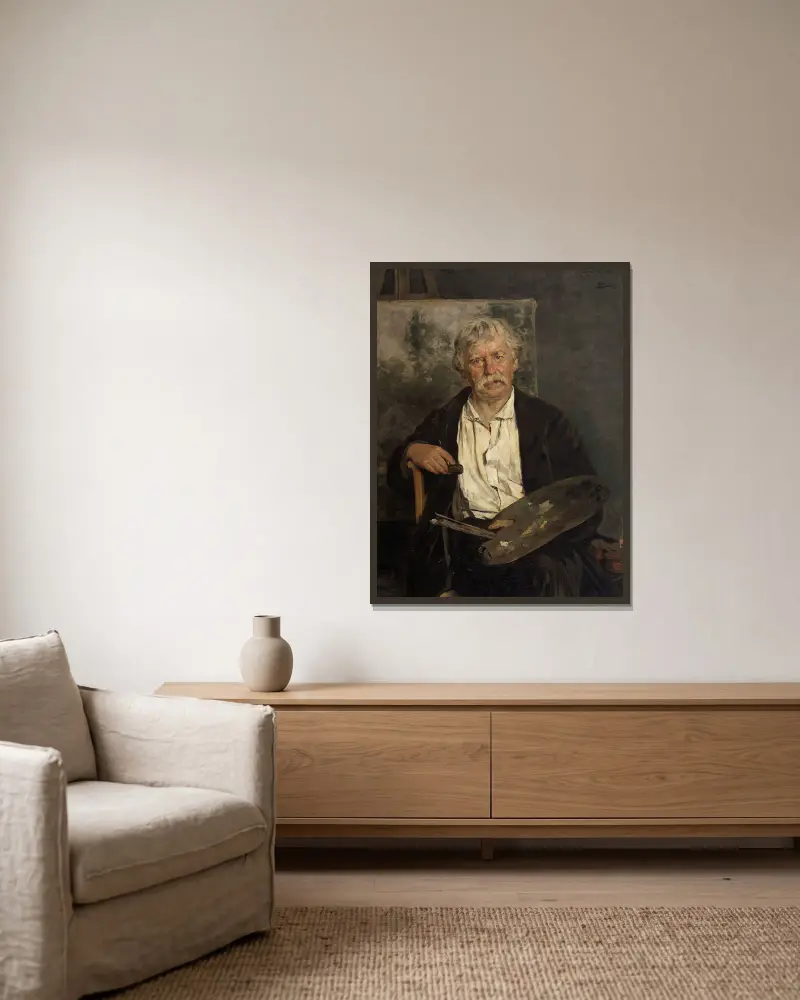 Porträtt av konstnären César De Cock av Gustave Vanaise inramad på en vägg