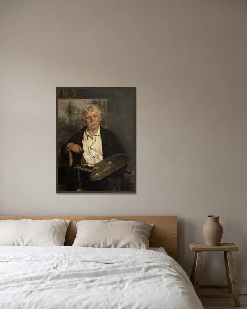 Porträtt av konstnären César De Cock av Gustave Vanaise inramad på en vägg