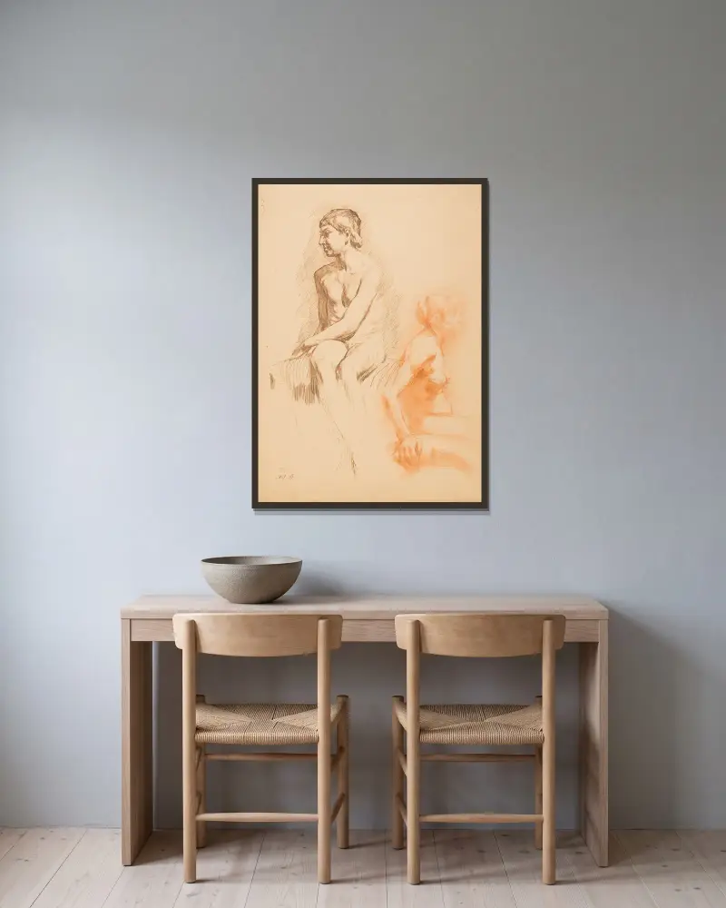 Studie av kvinnlig nakenfigur och naken pojke, sittande av Gustave Vanaise inramad på en vägg
