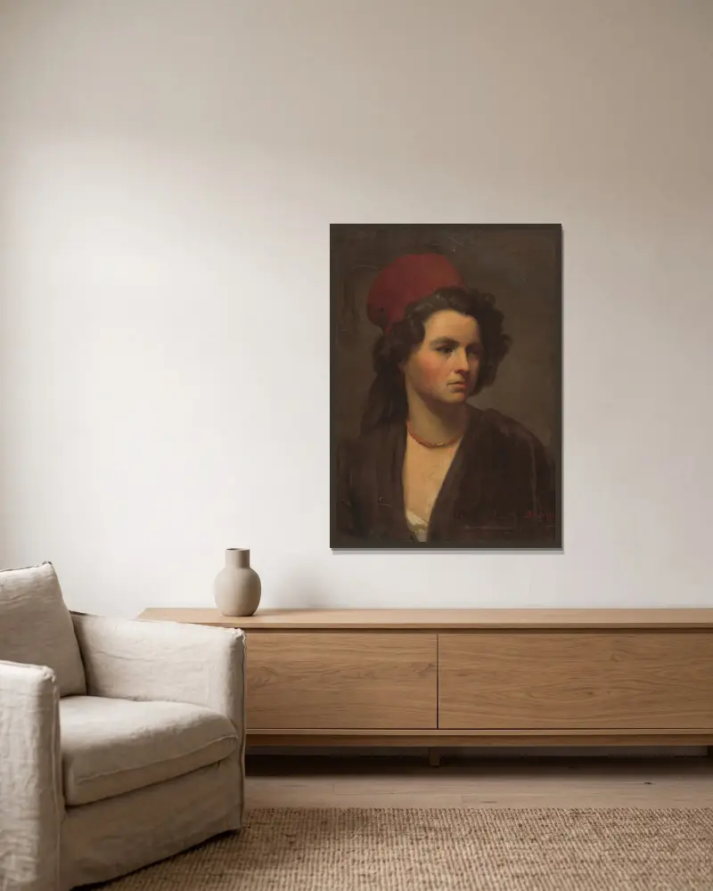 Porträtt av en flicka i röd halsduk av Gyula Benczúr inramad på en vägg