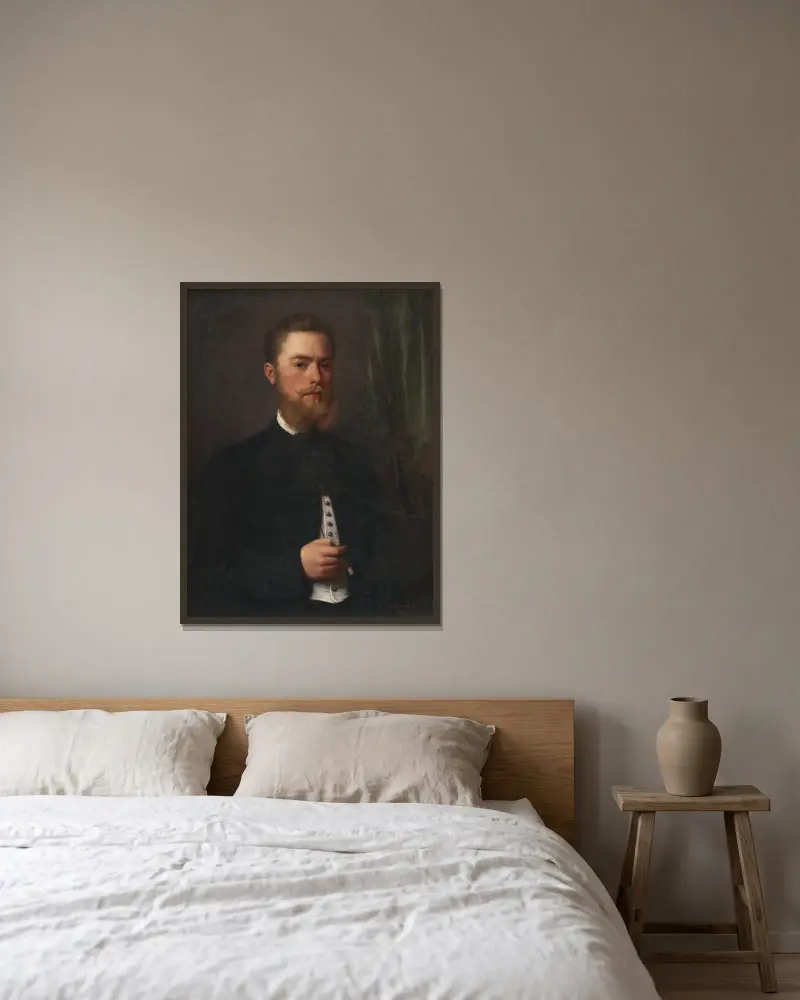 Porträtt av en ung man. Juridikstudenten Gejza Bencúr av Gyula Benczúr inramad på en vägg