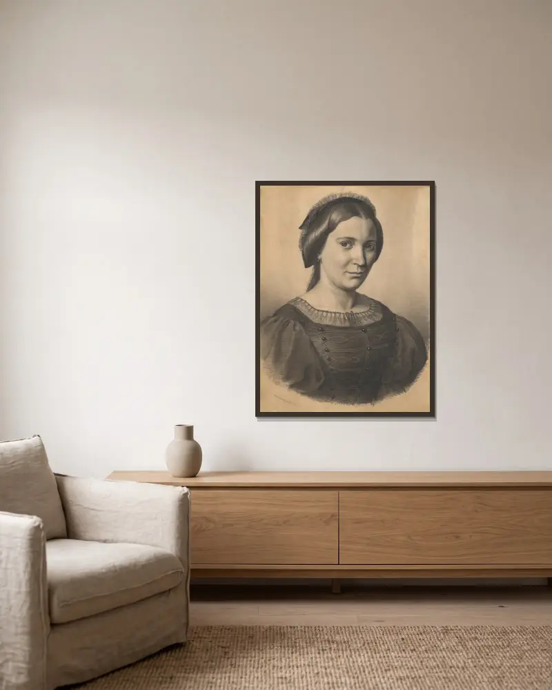 Portrait of the artist’s mother (Gizela Lanszgallnerová) av Gyula Benczúr inramad på en vägg