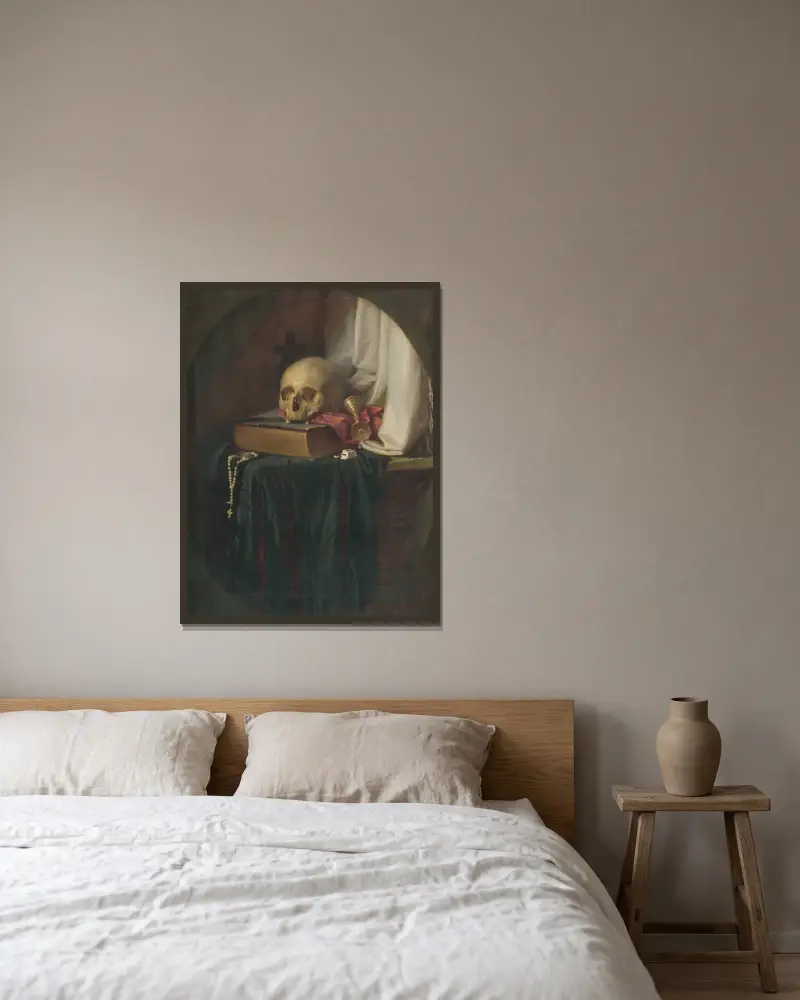 Still life with a skull and a book av Gyula Benczúr inramad på en vägg
