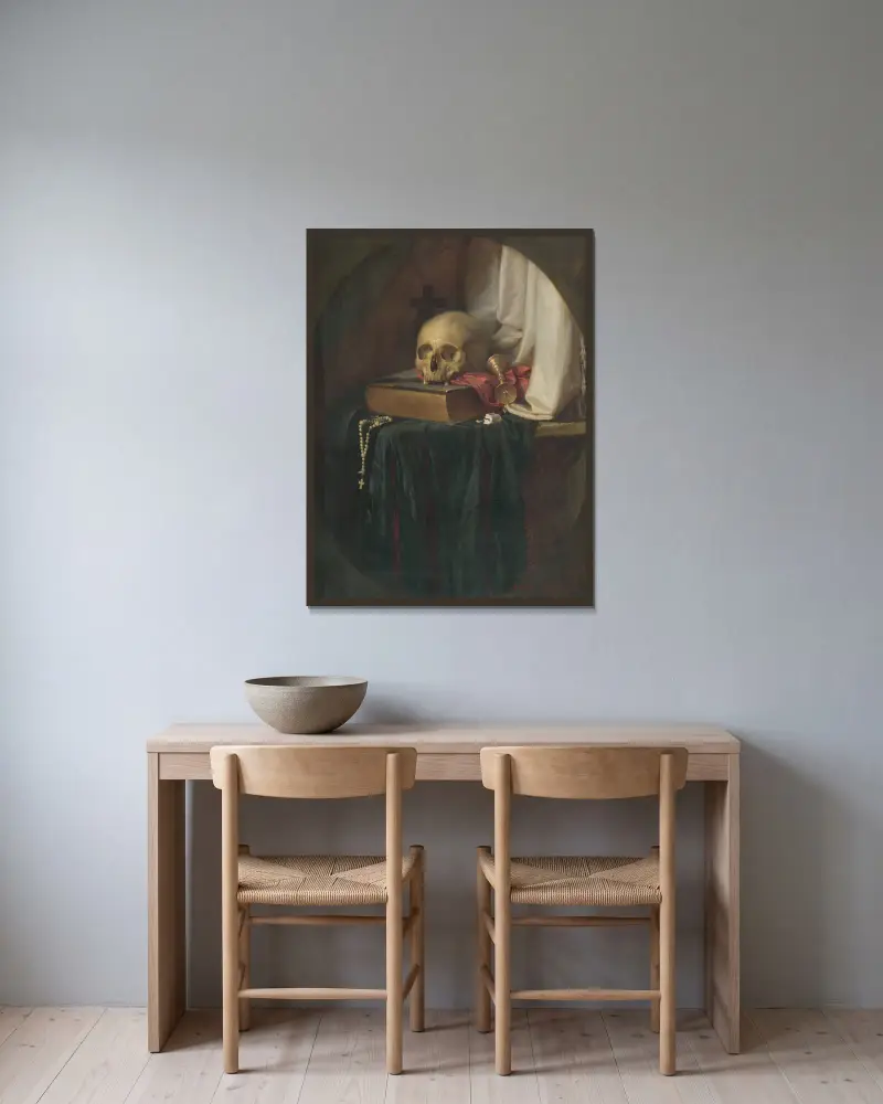 Still life with a skull and a book av Gyula Benczúr inramad på en vägg