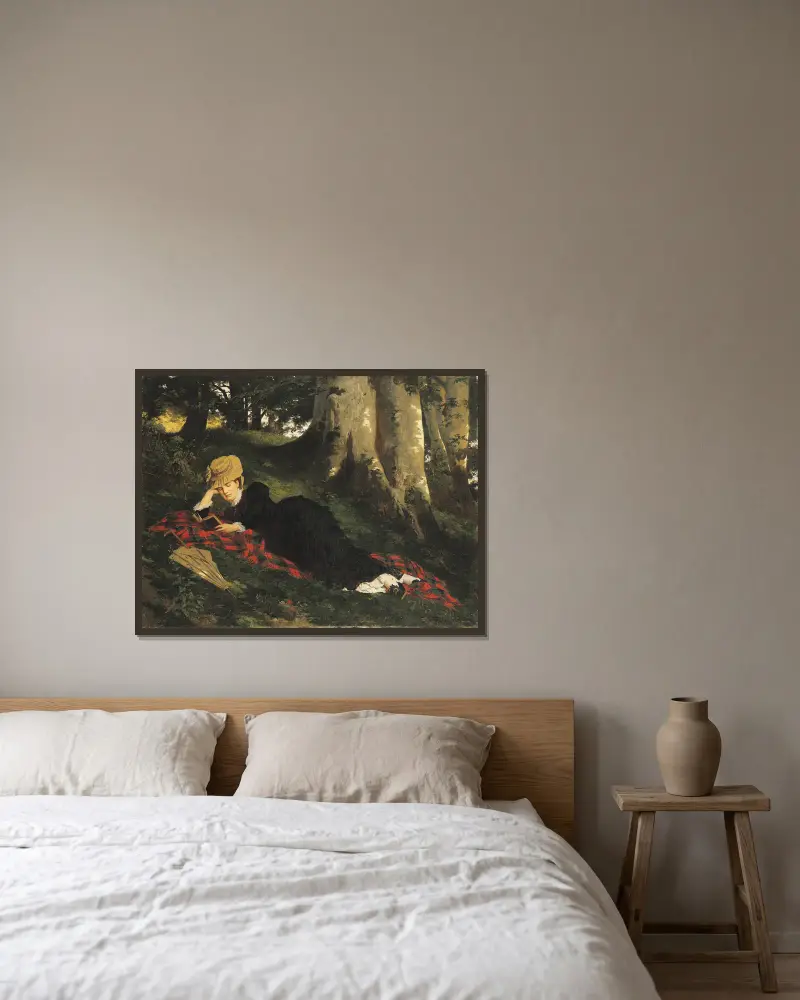 Woman Reading in a Forest av Gyula Benczúr inramad på en vägg