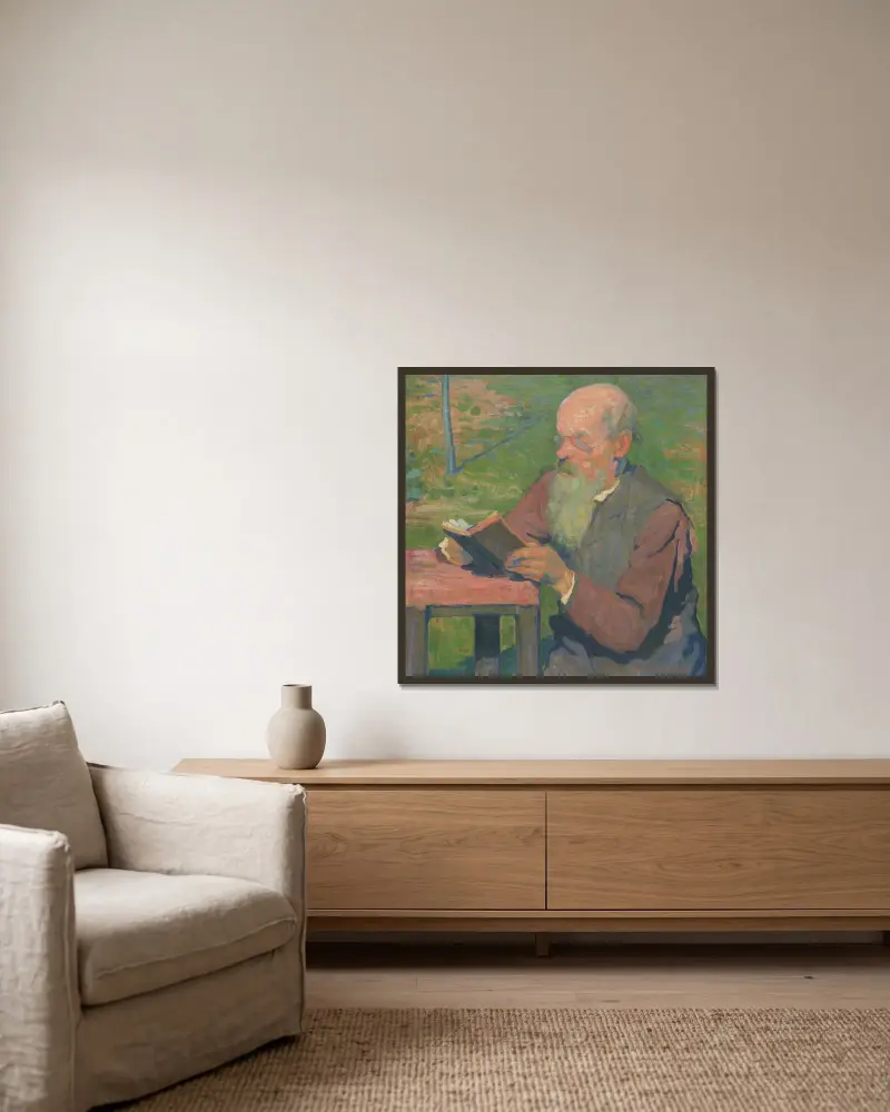 Ein lesender alter Mann von Elemír Halász-Hradil gerahmt an einer Wand