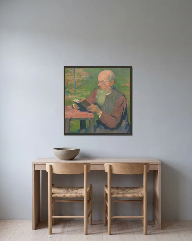 Ein lesender alter Mann von Elemír Halász-Hradil gerahmt an einer Wand