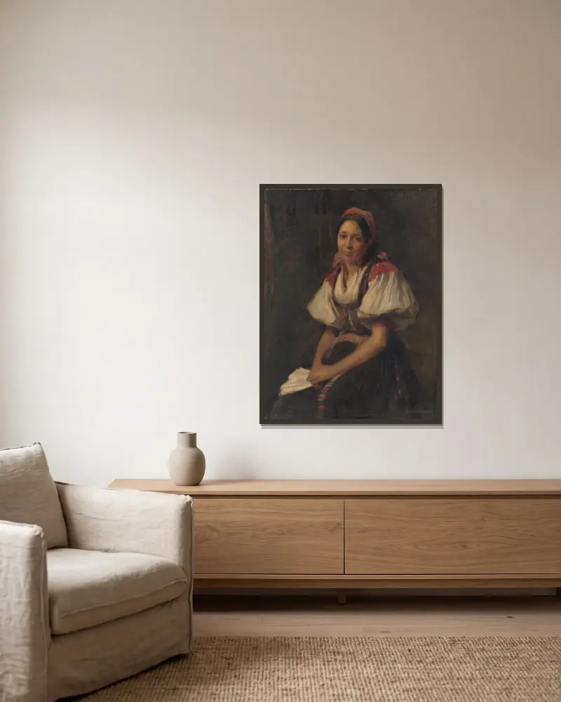 Bäuerin in Tracht von Elemír Halász-Hradil gerahmt an einer Wand