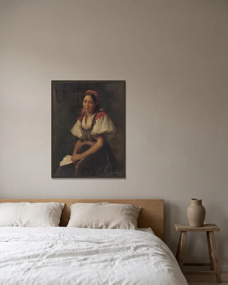 Bäuerin in Tracht von Elemír Halász-Hradil gerahmt an einer Wand