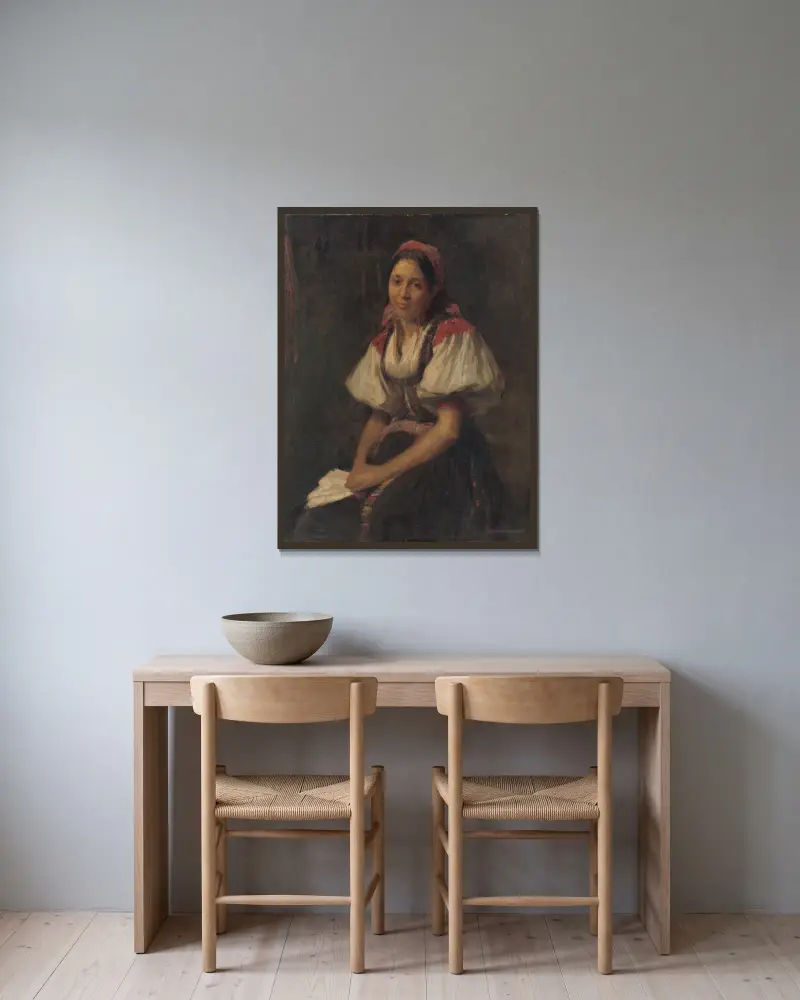 Bäuerin in Tracht von Elemír Halász-Hradil gerahmt an einer Wand