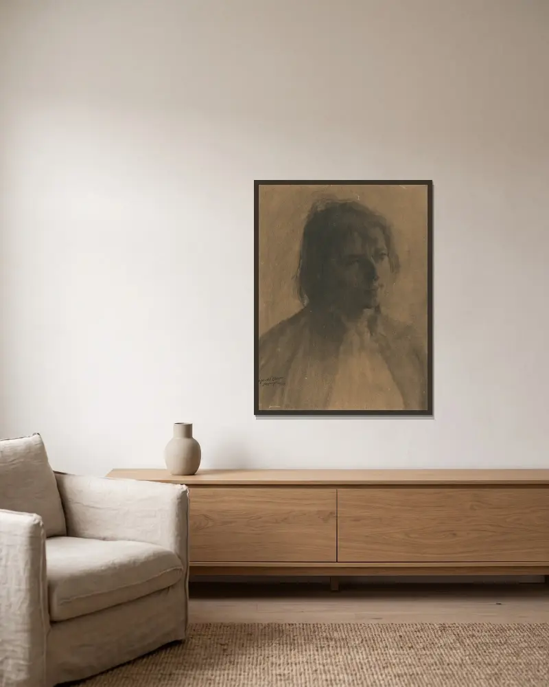 Studie eines Roma-Frauenkopfes von Elemír Halász-Hradil gerahmt an einer Wand