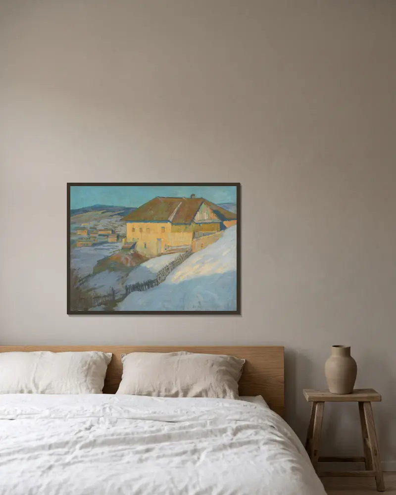 Winter country av Elemír Halász-Hradil inramad på en vägg