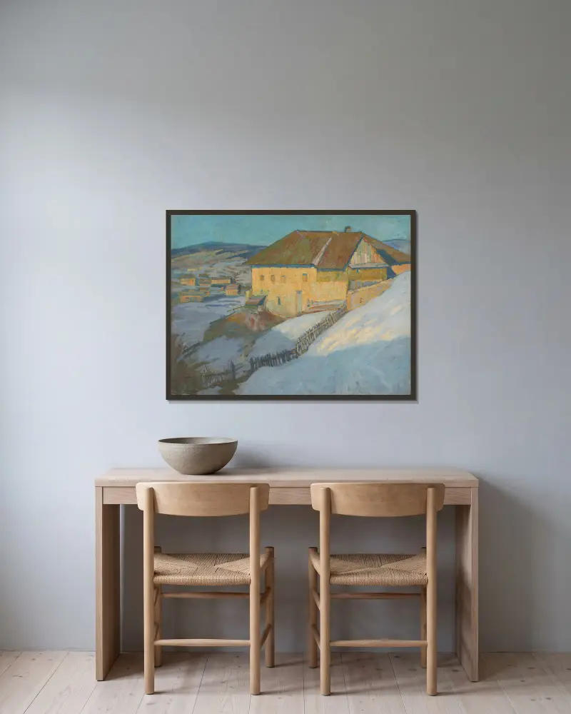 Winter country av Elemír Halász-Hradil inramad på en vägg
