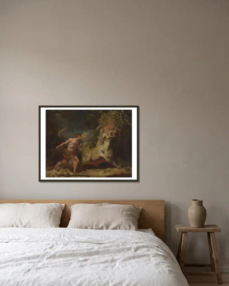 Man attacking a monster av John Hamilton Mortimer inramad på en vägg