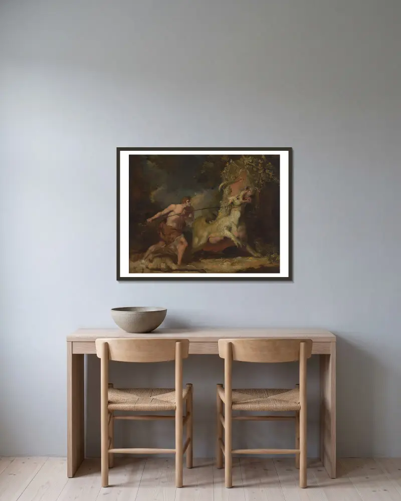 Man attacking a monster av John Hamilton Mortimer inramad på en vägg