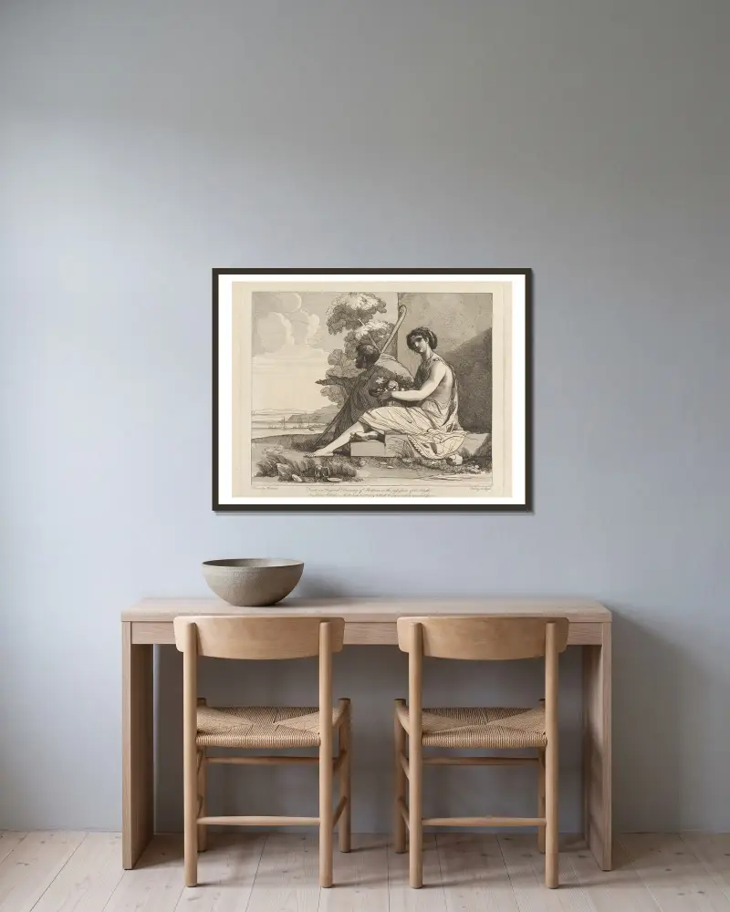 Man i mantel och kvinna med frukt sittande, med utsikt över en vik av John Hamilton Mortimer inramad på en vägg