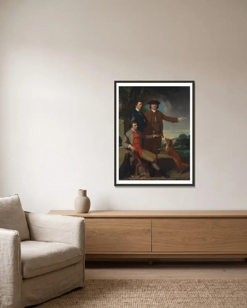 Selbstporträt mit seinem Vater und seinem Bruder von John Hamilton Mortimer gerahmt an einer Wand