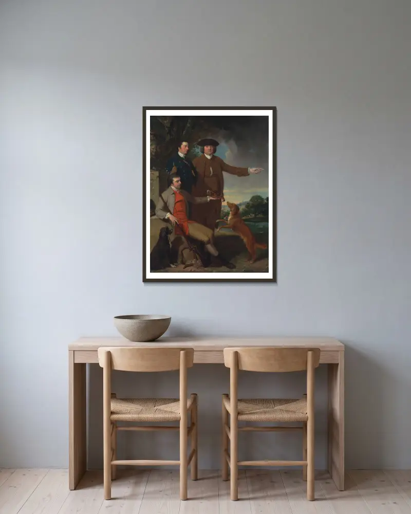 Selbstporträt mit seinem Vater und seinem Bruder von John Hamilton Mortimer gerahmt an einer Wand