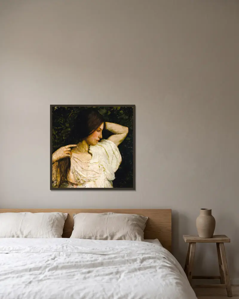 Flicka som ordnar sitt hår av Abbott Handerson Thayer inramad på en vägg