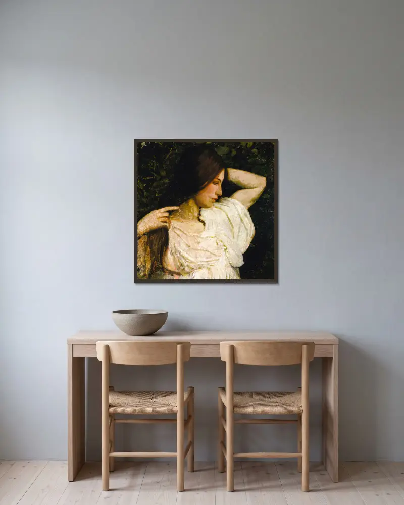 Flicka som ordnar sitt hår av Abbott Handerson Thayer inramad på en vägg