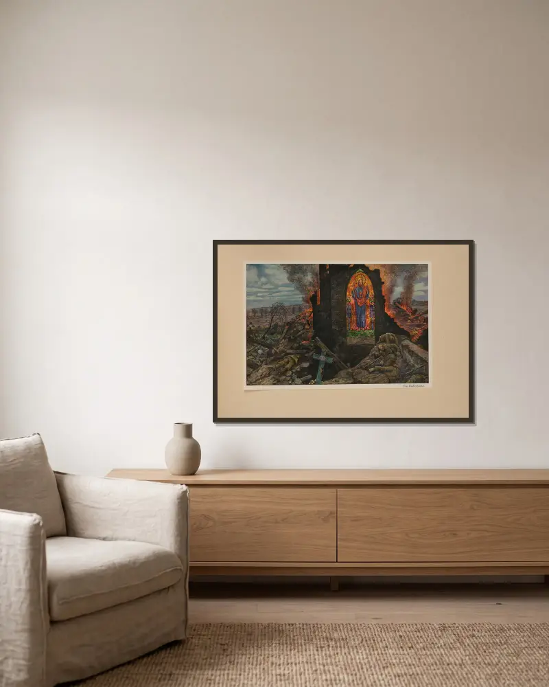 Das Kirchenfenster av Hans Baluschek inramad på en vägg