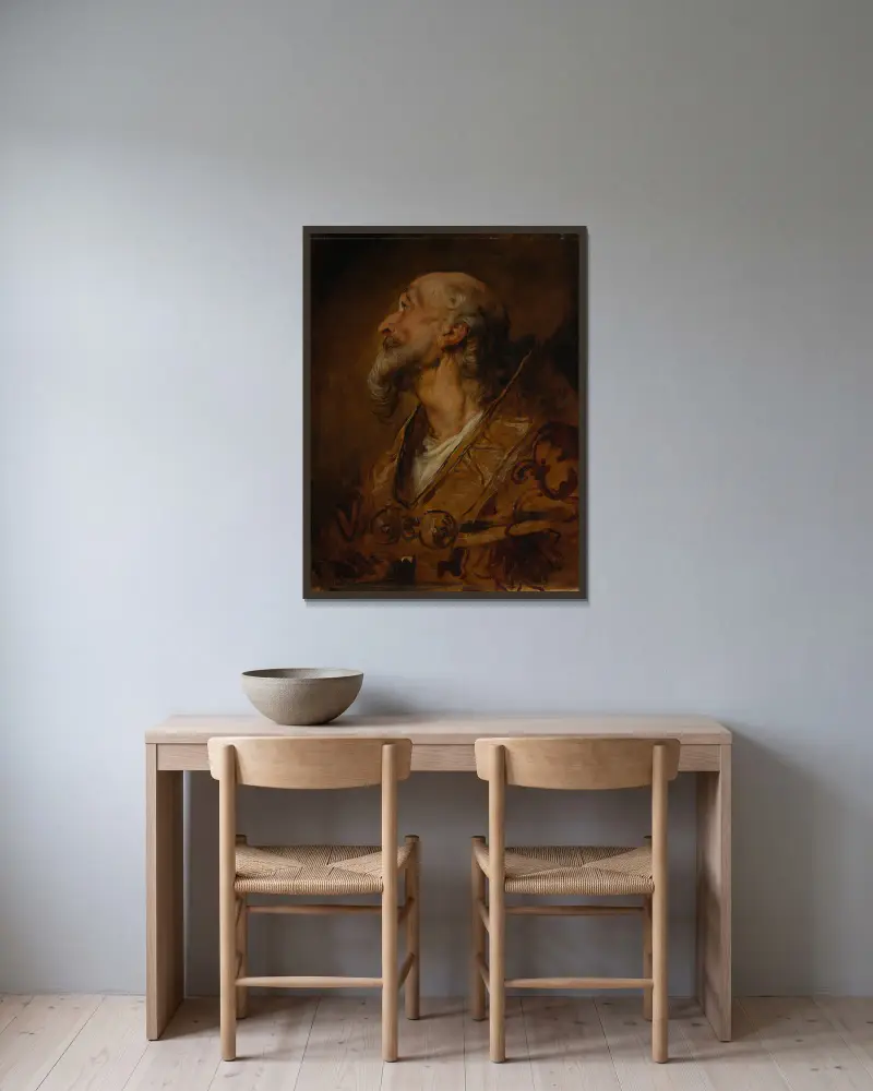 Porträtt av en biskop av Hans Canon inramad på en vägg