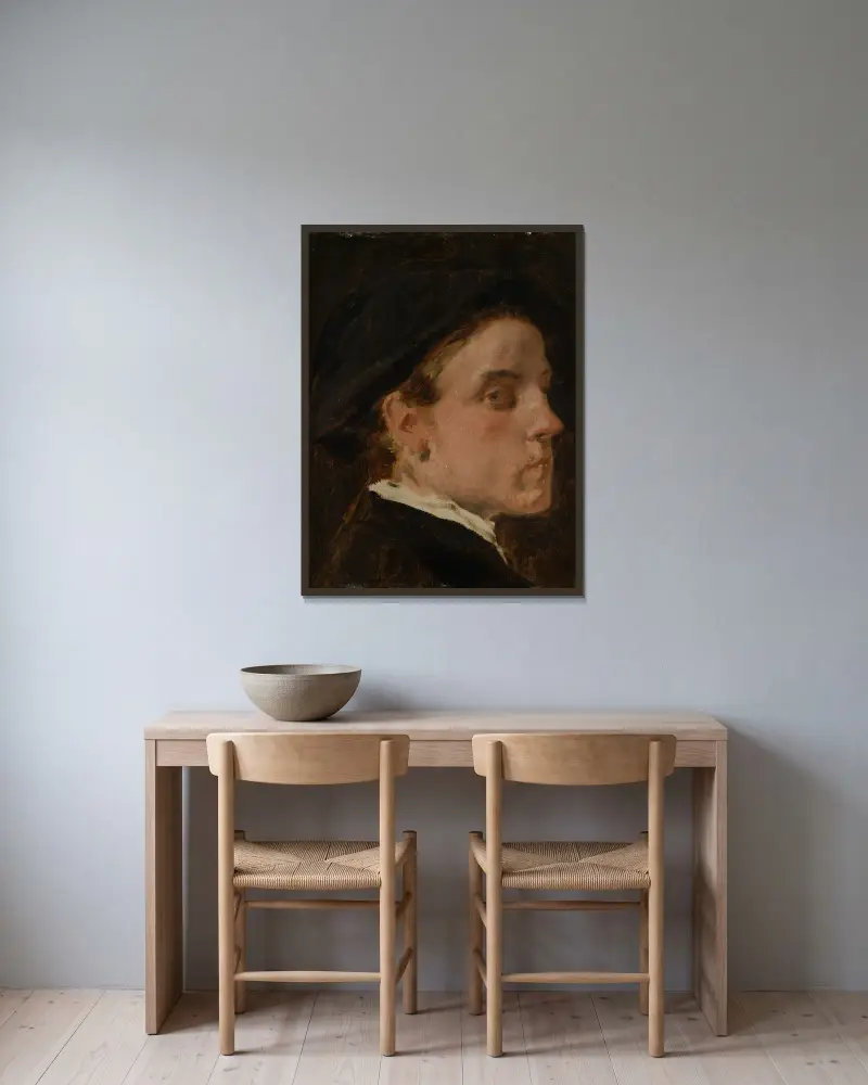 Porträttstudie av målaren Wilhelm Trübner av Hans Canon inramad på en vägg