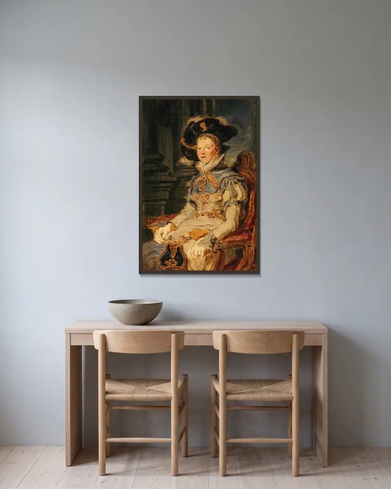 Skiss till porträtt av kvinna i renässansdräkt av Hans Canon inramad på en vägg