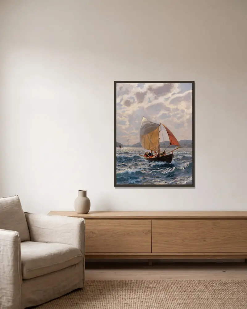 Mit dem Winde von Hans Dahl gerahmt an einer Wand