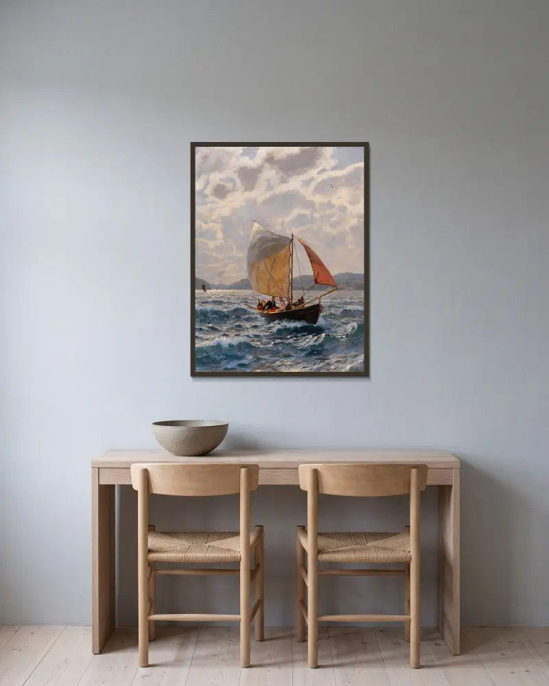 Mit dem Winde von Hans Dahl gerahmt an einer Wand