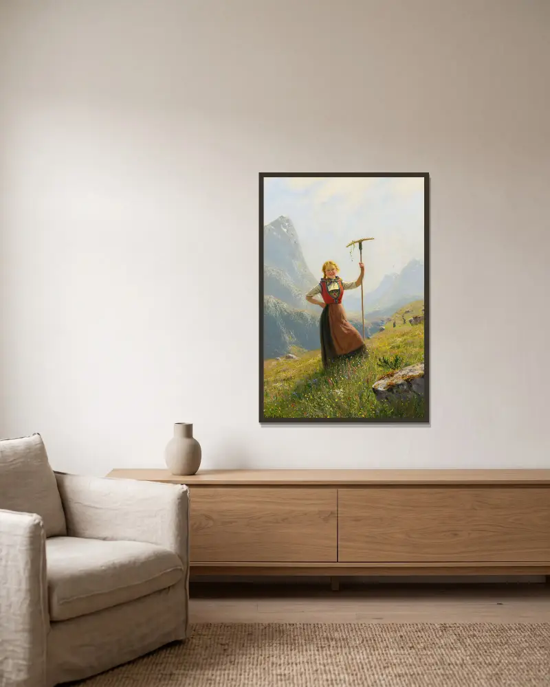 Peasant Girl With A Rake av Hans Dahl inramad på en vägg