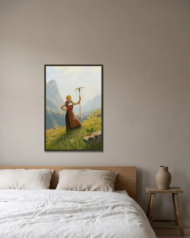 Peasant Girl With A Rake av Hans Dahl inramad på en vägg