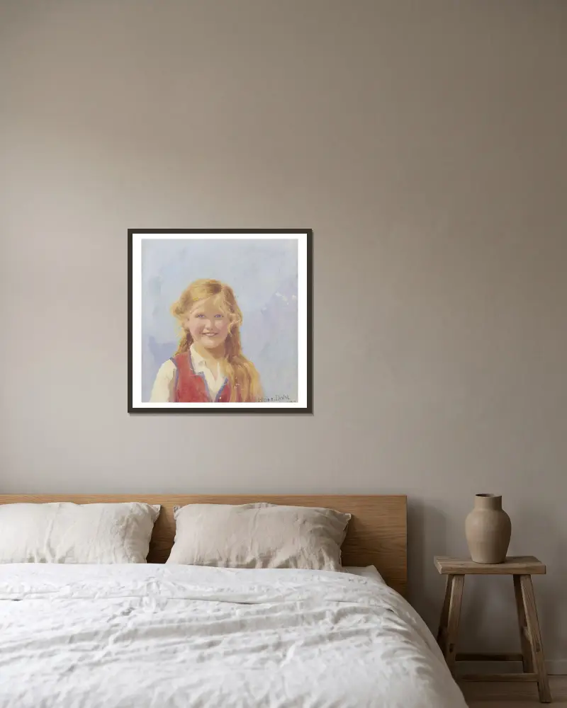 Porträtt av en ung flicka av Hans Dahl inramad på en vägg