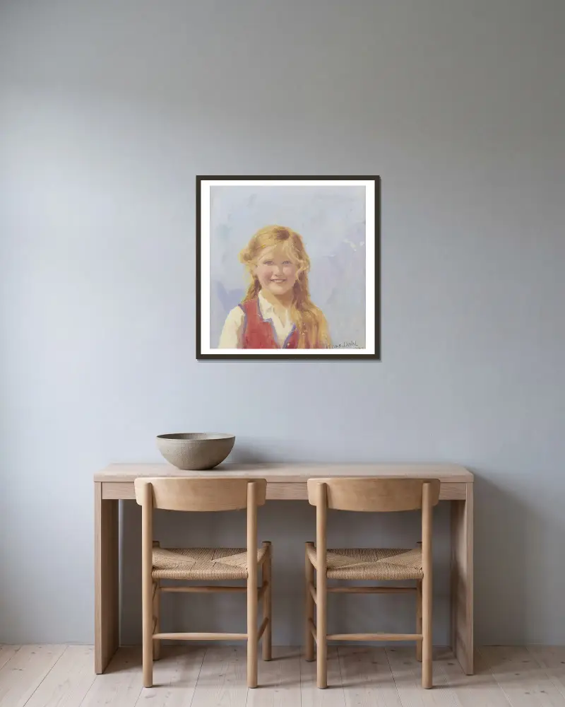 Porträtt av en ung flicka av Hans Dahl inramad på en vägg