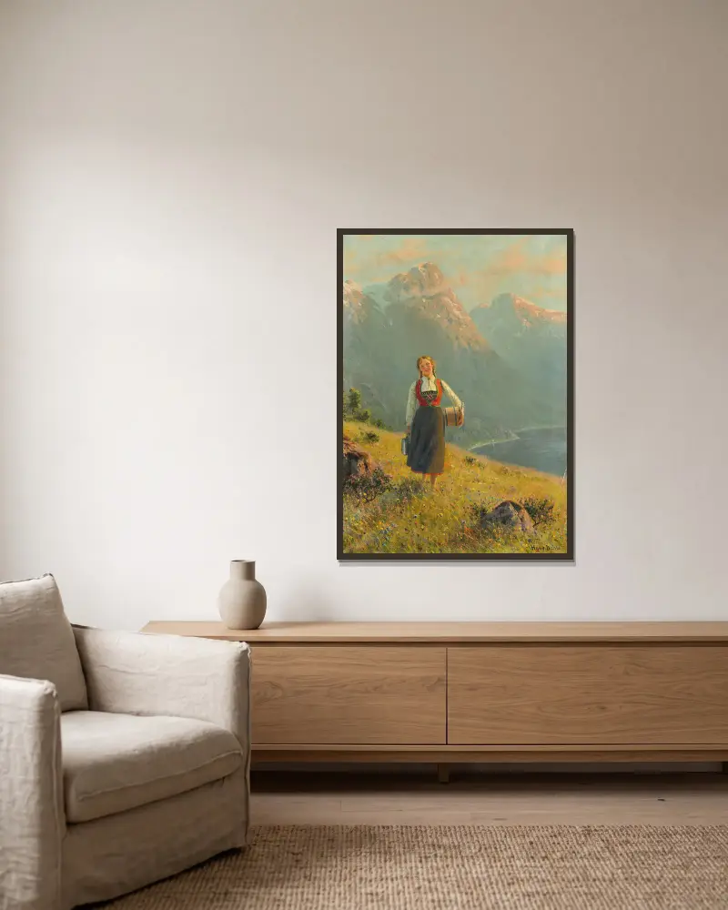 Junges Mädchen am Fjord von Hans Dahl gerahmt an einer Wand