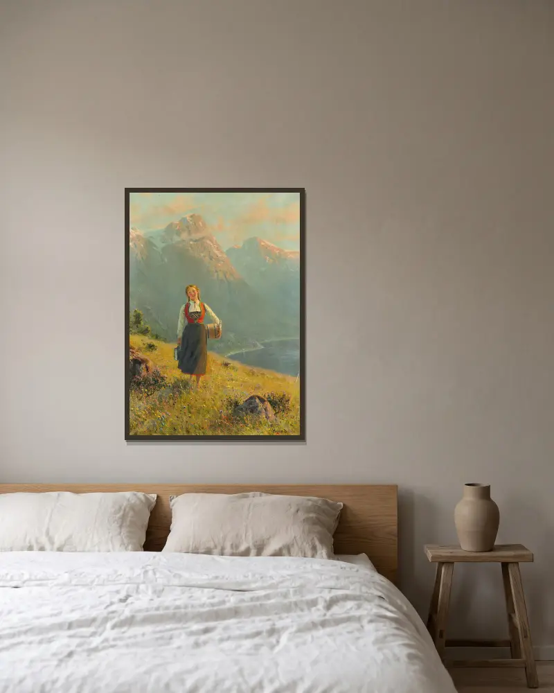Junges Mädchen am Fjord von Hans Dahl gerahmt an einer Wand