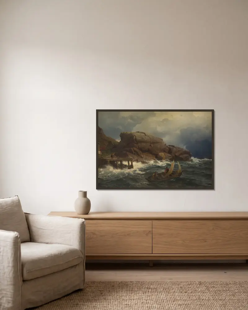 Norwegischer Hafenort von Hans Gude gerahmt an einer Wand