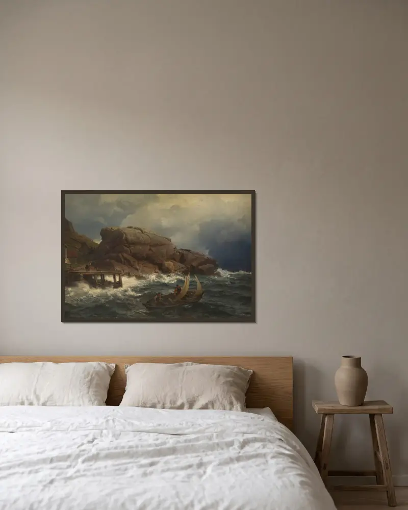 Norwegischer Hafenort von Hans Gude gerahmt an einer Wand