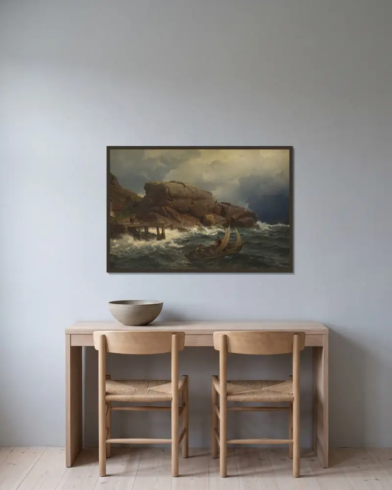 Norwegischer Hafenort von Hans Gude gerahmt an einer Wand