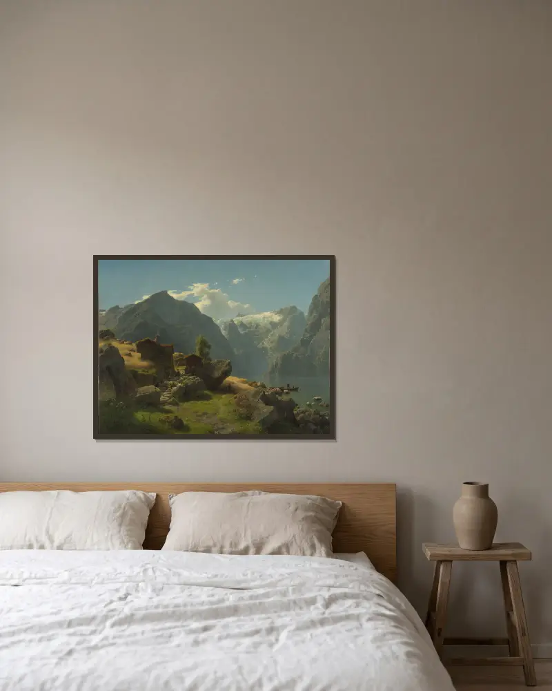 Balestrand av Hans Gude inramad på en vägg