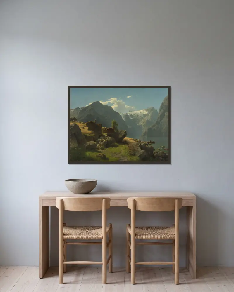 Balestrand av Hans Gude inramad på en vägg