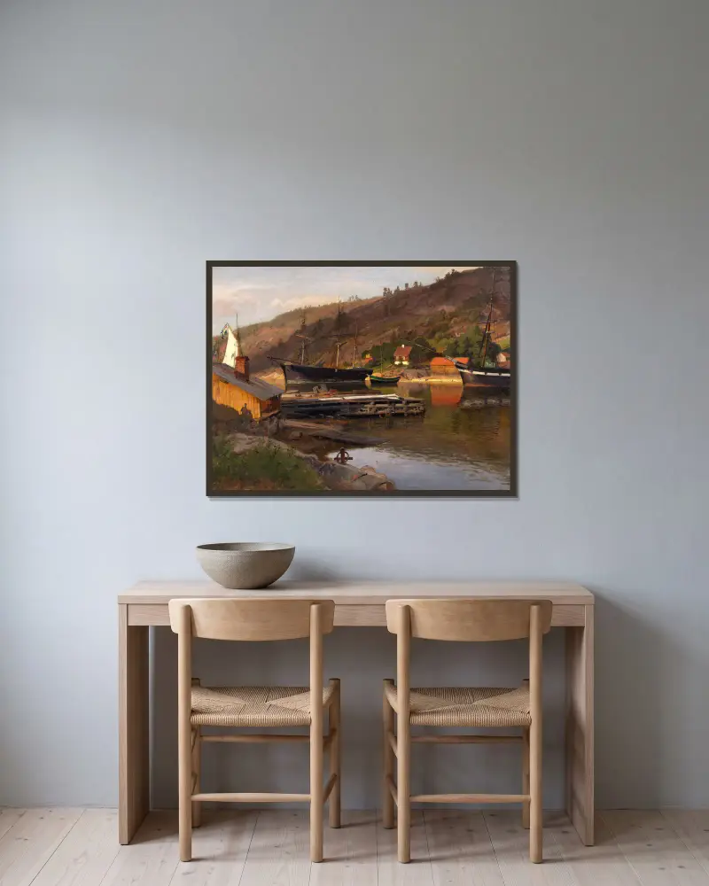 Landningsbrygga Husvik, Drøbak av Hans Gude inramad på en vägg
