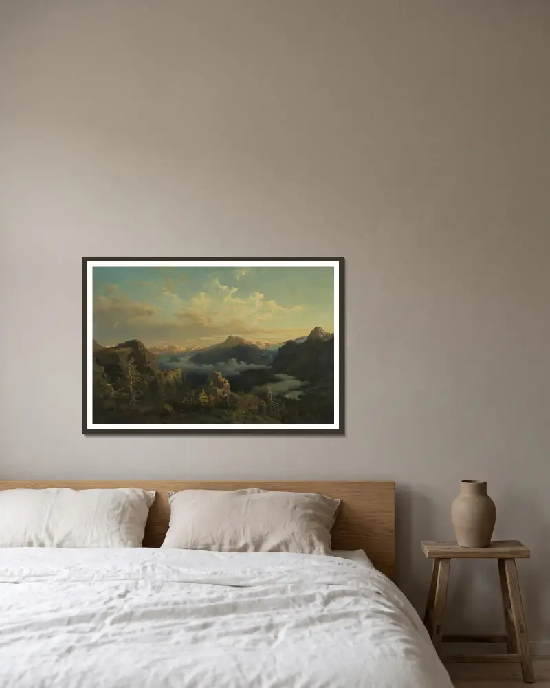 Norwegian Highlands in Sunrise av Hans Gude inramad på en vägg