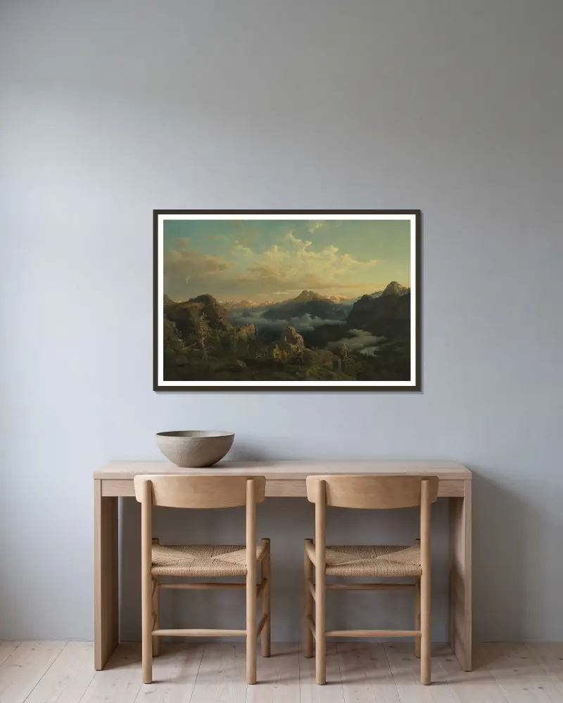 Norwegian Highlands in Sunrise av Hans Gude inramad på en vägg
