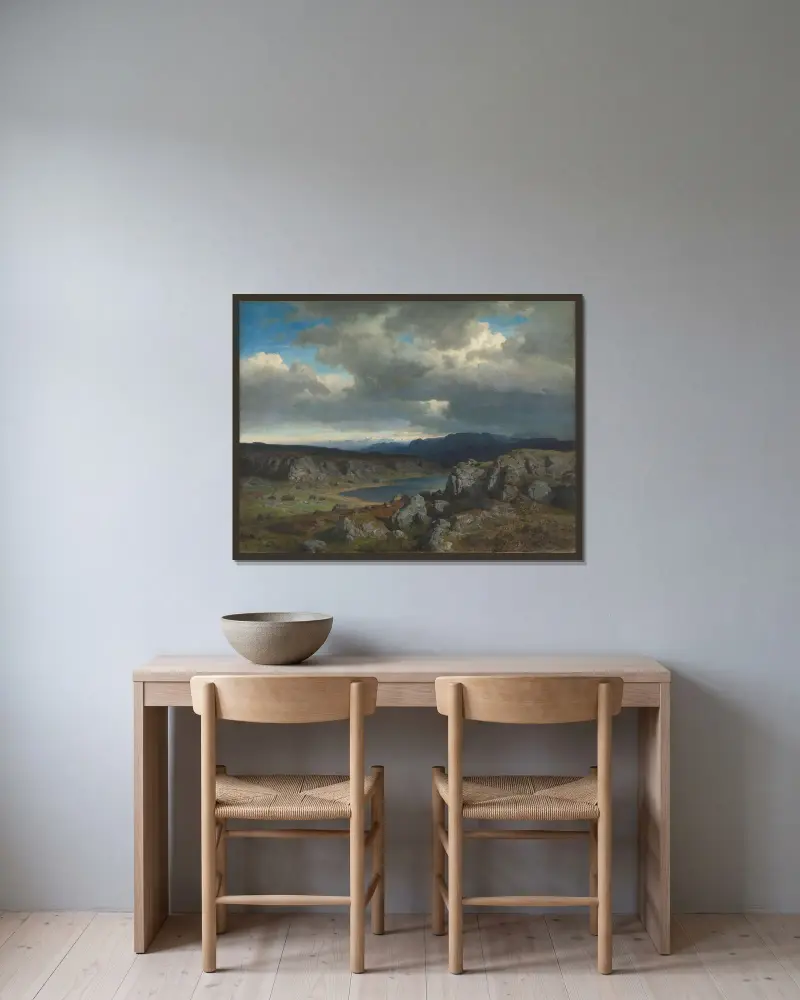 Norwegian Highlands, 1857 av Hans Gude inramad på en vägg