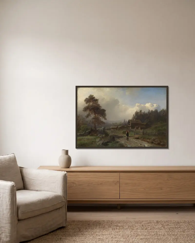 Norwegian Landscape in Rain av Hans Gude inramad på en vägg